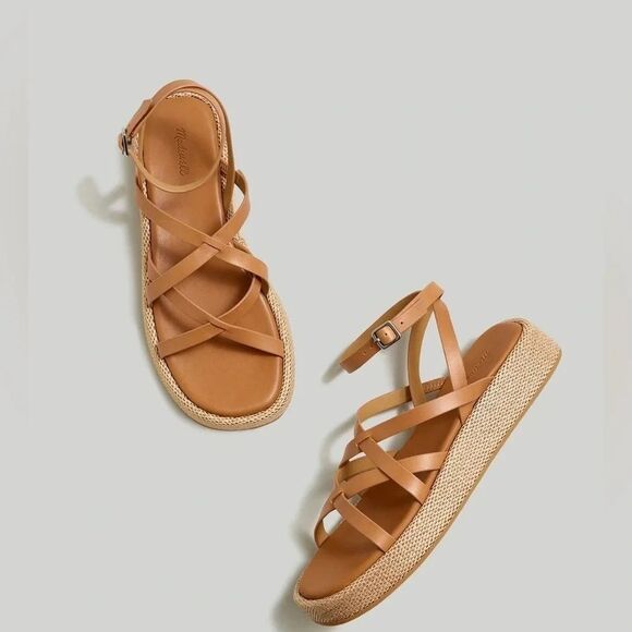 New MADEWELL The Sabina Raffia Platform Sandal in Tan, Size 10
